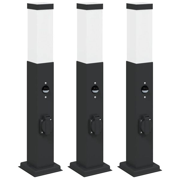 vidaXL Bollard Lights with Sensor&Outlet 3 pcs 50 cm Black IP44