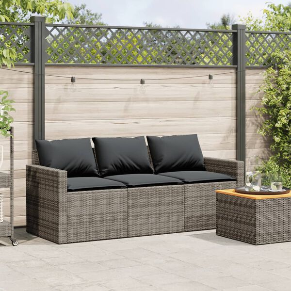 vidaXL Garden Sofa with Cushions 3-Seater Grey Poly Rattan