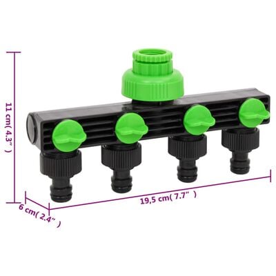 vidaXL 4-Way Tap Adaptor Green and Black 19.5x6x11 cm ABS & PP