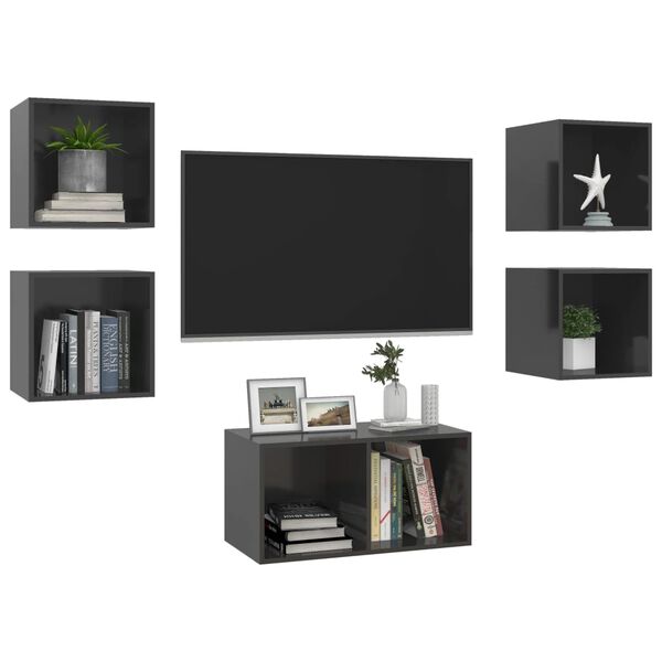 vidaXL 5 Piece TV Cabinet Set High Gloss Grey Engineered Wood