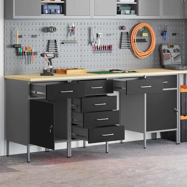 vidaXL Work Cabinet with Drawer with Lock 4 pcs Black 200 x 55 x 85 cm