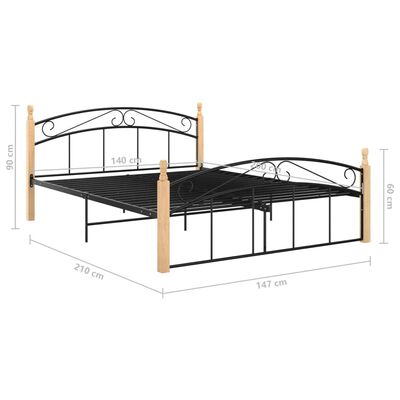 vidaXL Bed Frame Black Metal and Solid Oak Wood 140x200 cm