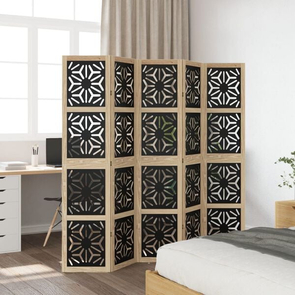 vidaXL Room Divider 5 Panels Brown and Black Solid Wood Paulownia