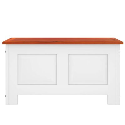 Front view of white storage bench with orange wood top and paneled sides.