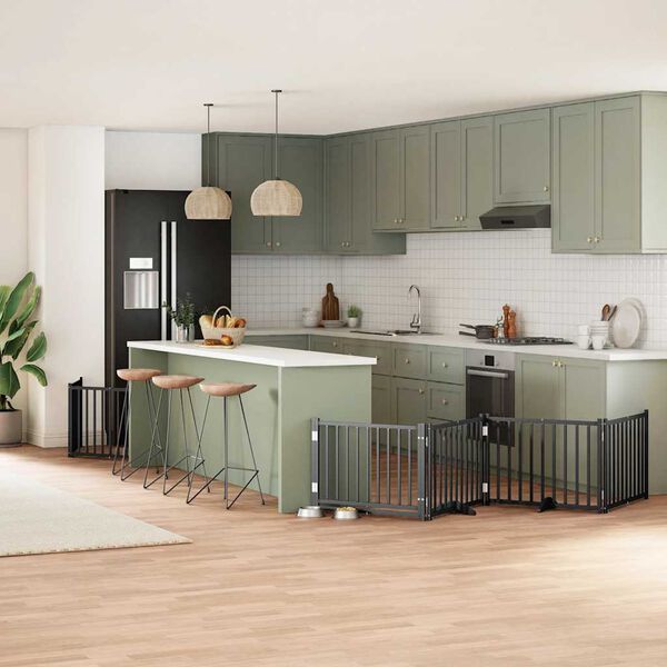 vidaXL Dog Gate with Door Foldable 8 Panels Black 640 cm Poplar Wood