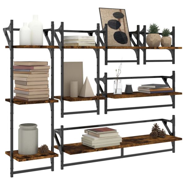 vidaXL 6 Piece Wall Shelf Set with Bars Smoked Oak Engineered Wood
