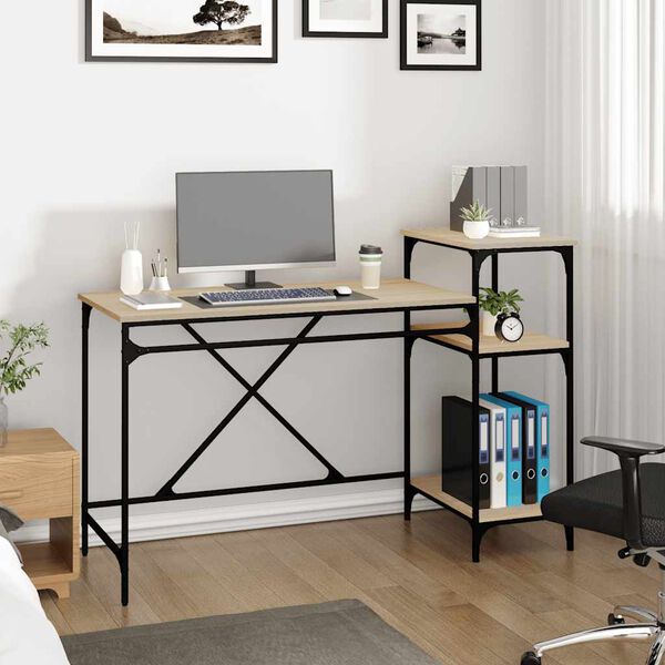 vidaXL Desk with Shelves Sonoma Oak 135x50x90 cm Engineered Wood&Iron