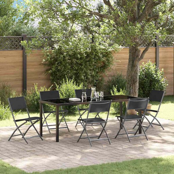 vidaXL Garden Dining Set Folding 7 pcs Black Powder-Coated Steel