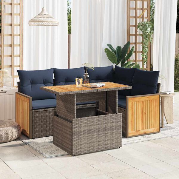 vidaXL 5 Piece Garden Sofa Set with Cushions Grey Poly Rattan Acacia