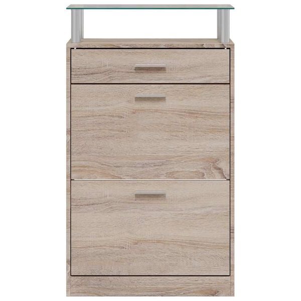 vidaXL Shoe Cabinet with a Drawer and a Top Glass Shelf Wood Oak Look