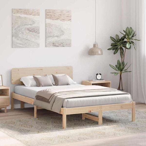 vidaXL Bed Frame with Headboard Natural 135 x 190 cm Solid Pine Wood