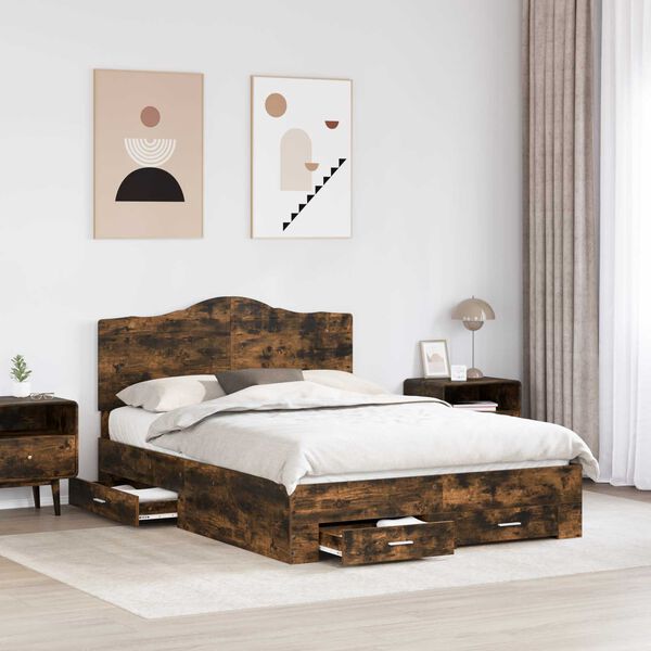 vidaXL Bed Frame with Drawer Smoked Oak 150 x 200 cm Engineered Wood