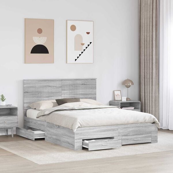 vidaXL Bed Frame with Drawer Grey Sonoma 150 x 200 cm Engineered Wood