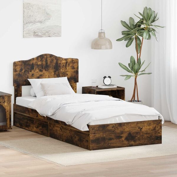 vidaXL Storage Bed with Drawer Smoked Oak 90 x 200 cm Engineered Wood