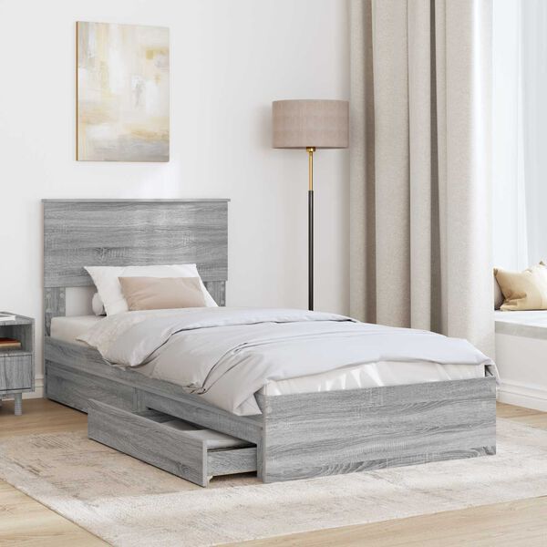 vidaXL Storage Bed with Drawer Grey Sonoma 75 x 190 cm Engineered Wood