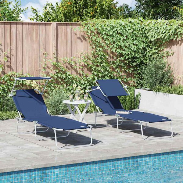 vidaXL Folding Sun Lounger with Canopy Steel and Fabric Blue