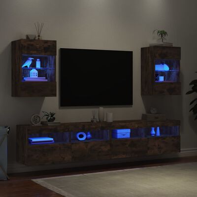 vidaXL TV Wall Cabinets with LED Lights 2 pcs Smoked Oak 40x30x60.5 cm