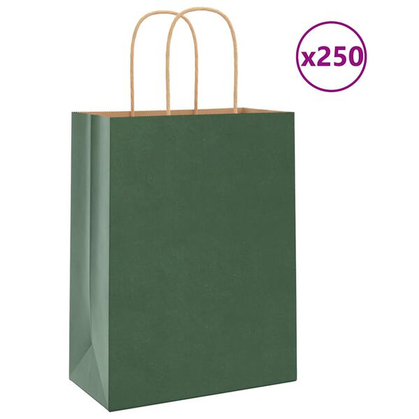 vidaXL Paper Bags 250 pcs with Handles Green 21x11x28 cm