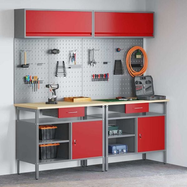 vidaXL Work Bench Set with Drawer with Shelf with Lock 8 pcs Red Steel