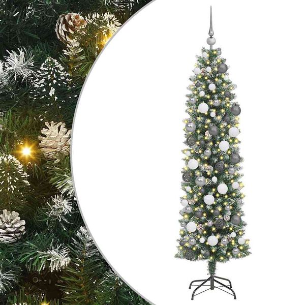 vidaXL Artificial Slim Christmas Tree Green and White 180 cm