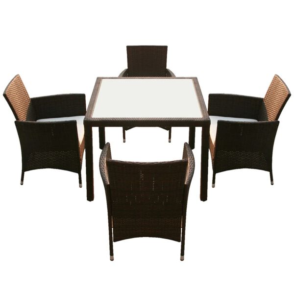 vidaXL 5 Piece Outdoor Dining Set with Cushions Poly Rattan Brown