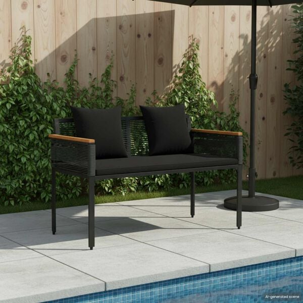 vidaXL Outdoor Bench with Cushion Black 117 x 54 x 74.5 cm Poly Rattan