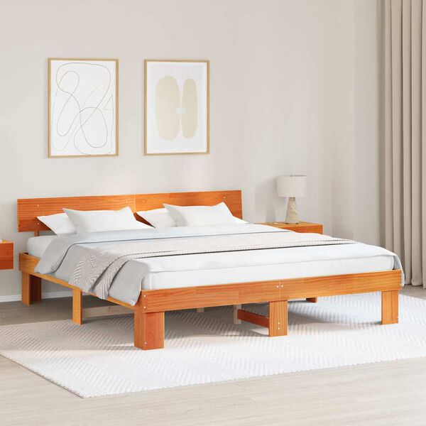 vidaXL Bed Frame with Headboard Wax Brown 200 x 200 cm Solid Pine Wood
