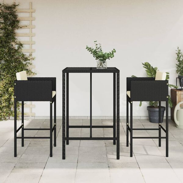 vidaXL 3 Piece Garden Bar Set with Cushions Black Poly Rattan