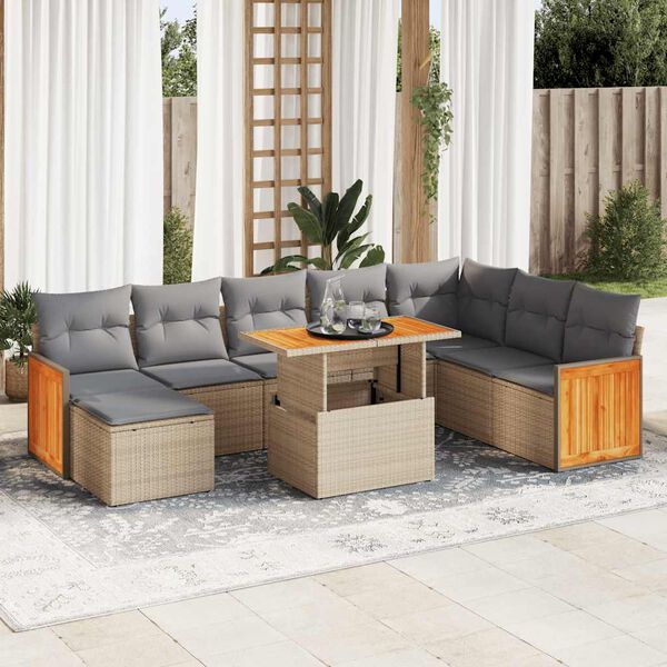 vidaXL 9 Piece Garden Sofa Set with Cushions Beige Poly Rattan Acacia