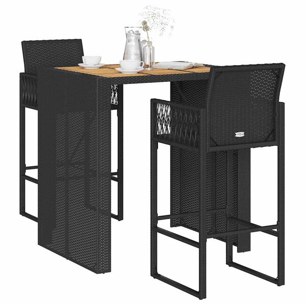 vidaXL 3 Piece Garden Bar Set without Cushions Black Poly Rattan Acacia