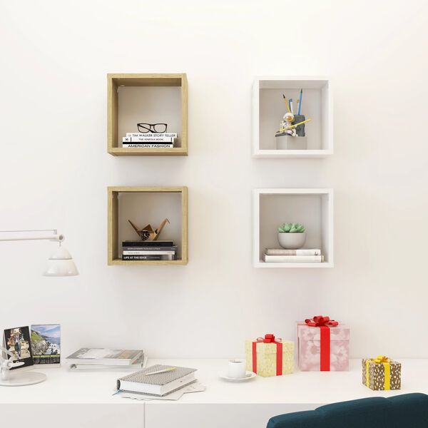 vidaXL Wall Cube Shelves 4 pcs White and Sonoma Oak 26x15x26 cm