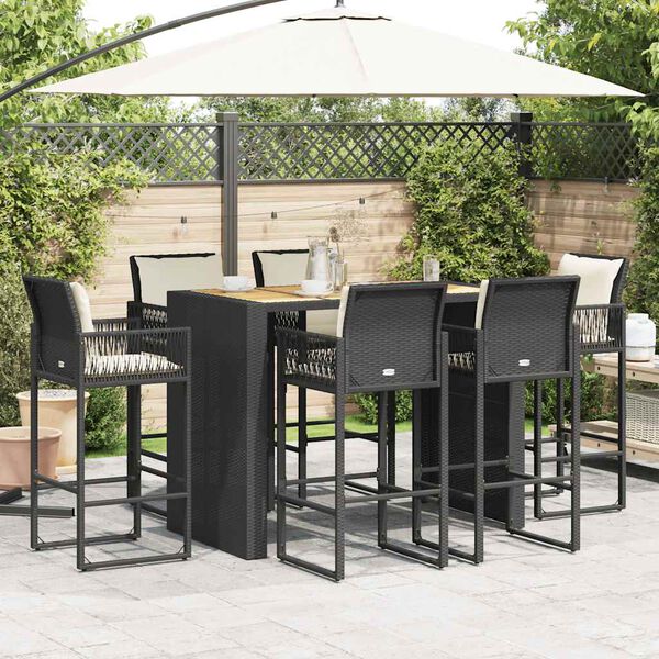 vidaXL 7 Piece Garden Bar Set with Cushions Black Poly Rattan Acacia