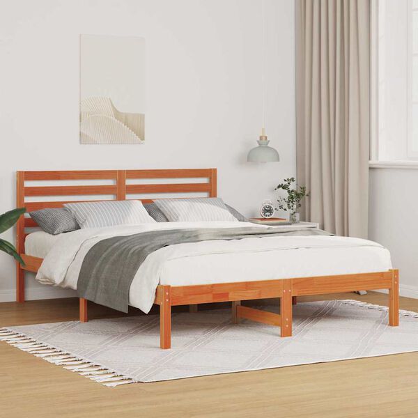 vidaXL Bed Frame with Headboard Wax Brown 140 x 190 cm Solid Pine Wood