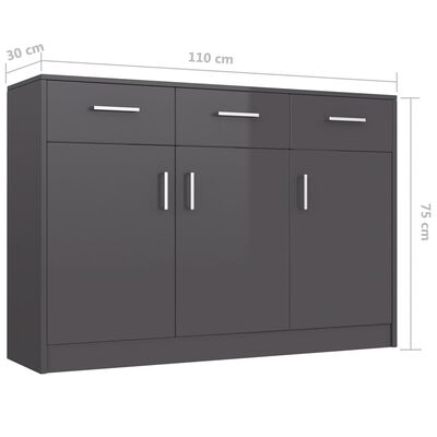 vidaXL Sideboard High Gloss Grey 110x30x75 cm Engineered Wood