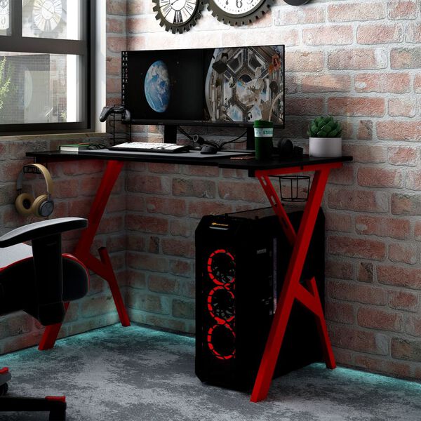 vidaXL Gaming Desk with Y Shape Legs Black and Red 110x60x75 cm