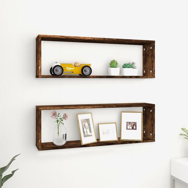 vidaXL Wall Cube Shelves 2 pcs Smoked Oak 80x15x26.5 cm Engineered Wood