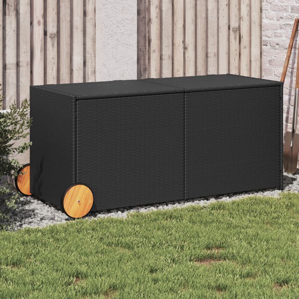 vidaXL Garden Storage Box with Wheels Black 283L Poly Rattan
