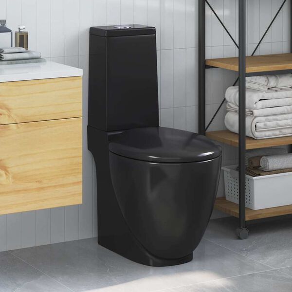 vidaXL WC Ceramic Toilet Bathroom Round Toilet Bottom Water Flow Black