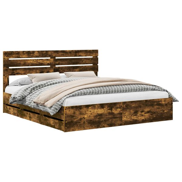 vidaXL Bed Frame with Drawer Smoked Oak 200 x 200 cm Engineer Wood