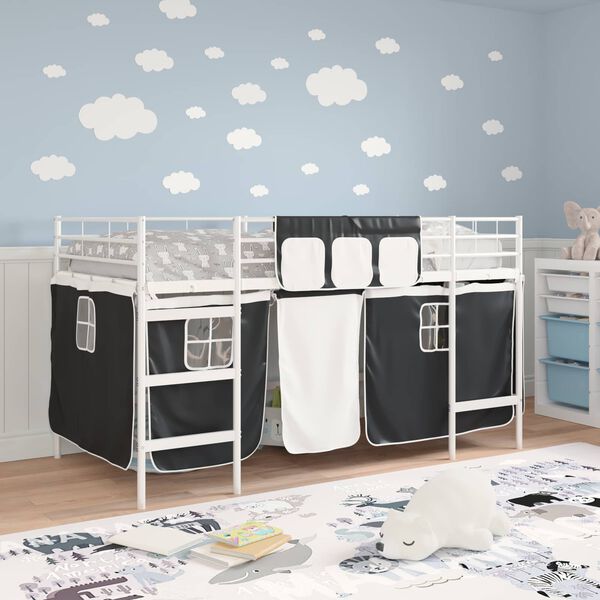 vidaXL Kids'Loft Bed Frame with Curtains White and Black 107 x 200 cm