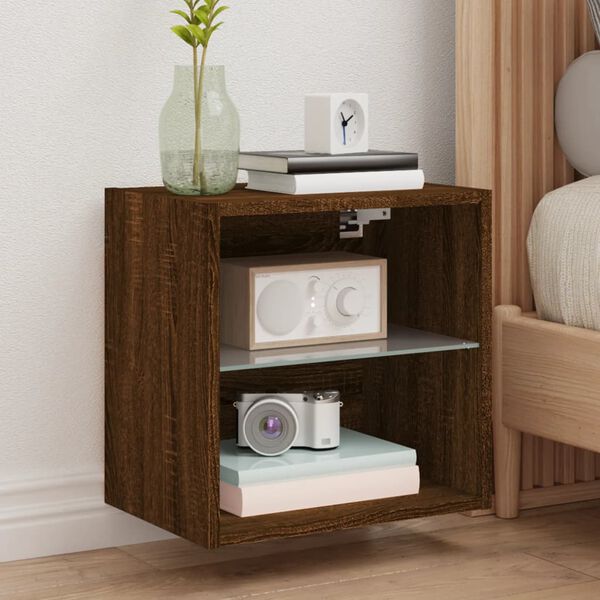 vidaXL Bedside Cabinet with LED Lights Wall-mounted Brown Oak