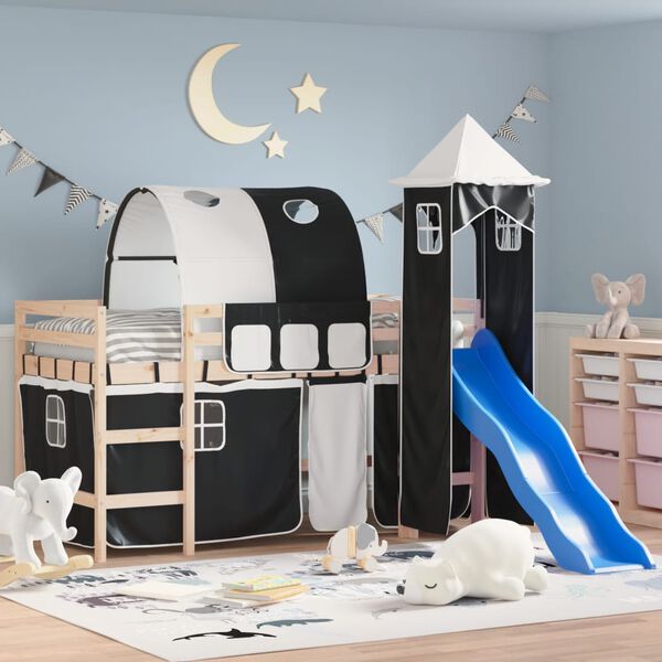 vidaXL Kids' Loft Bed with Tower without Mattress White&Black 90x200cm