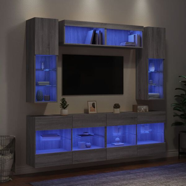 vidaXL 6 Piece TV Wall Cabinet Set with LED Lights Grey Sonoma