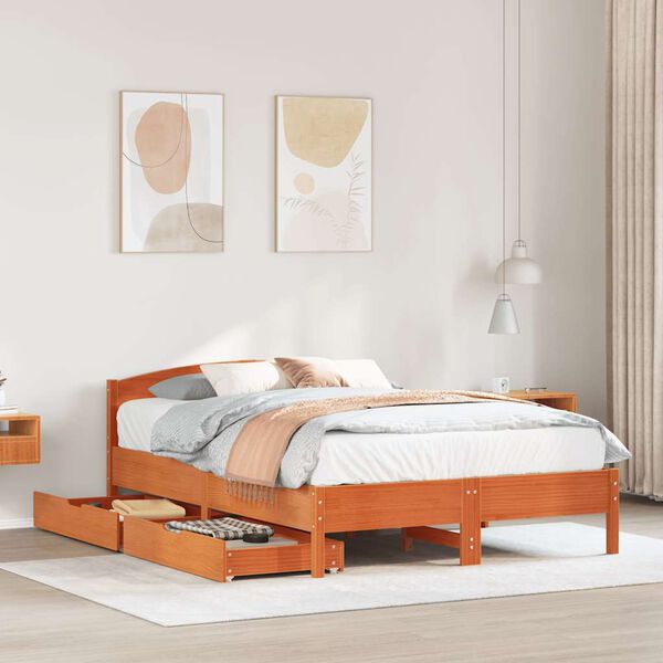 vidaXL Bed Frame without Mattress Wax Brown 150x200 cm King Size Solid Wood Pine