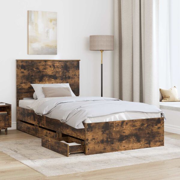 vidaXL Bed Frame with Drawer Smoked Oak 100 x 200 cm Engineer Wood