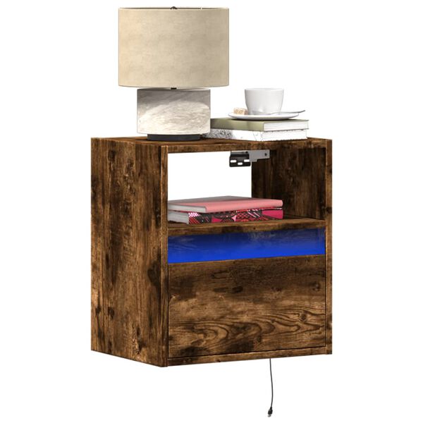 vidaXL Wall-mounted Bedside Cabinet with LED Lights Smoked Oak