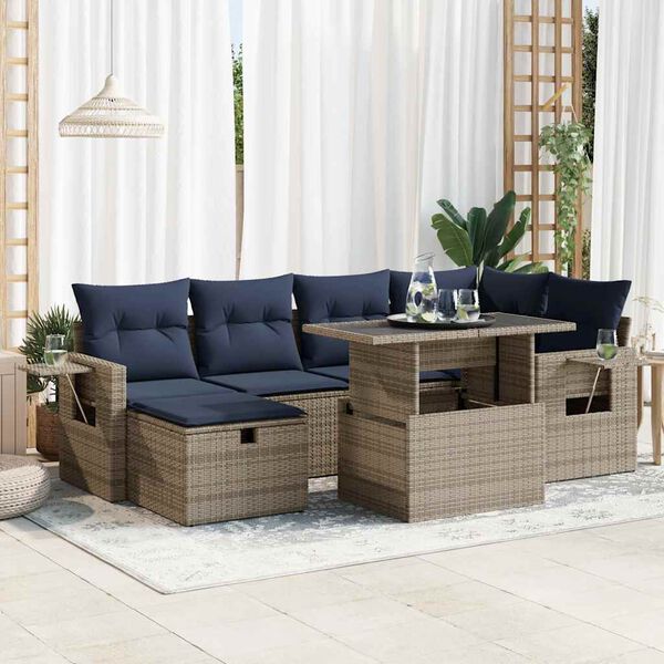 vidaXL 7 Piece Garden Sofa Set with Cushions Grey Poly Rattan Acacia