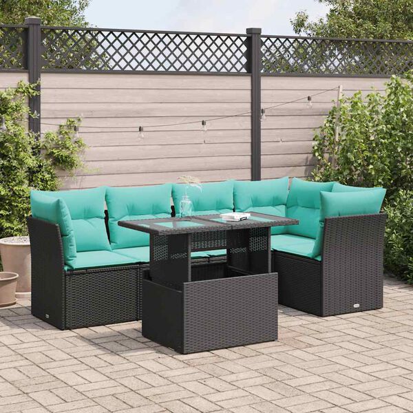 vidaXL 6 Piece Garden Sofa Set with Cushions Black Poly Rattan Acacia
