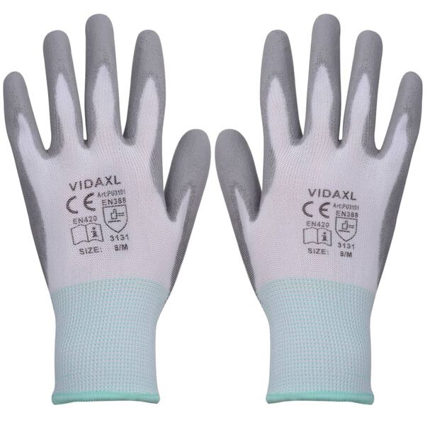 vidaXL Work Gloves PU 24 Pairs White and Grey Size 8/M