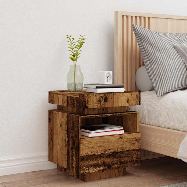 vidaXL Bedside Cabinet with LED Lights Old Wood 40x39x48.5 cm